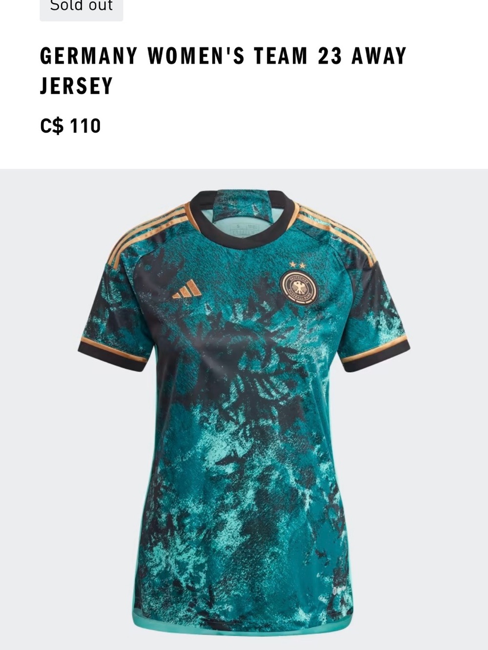 adidas Kids Germany Women's Away Jersey Teal with Gold Accents